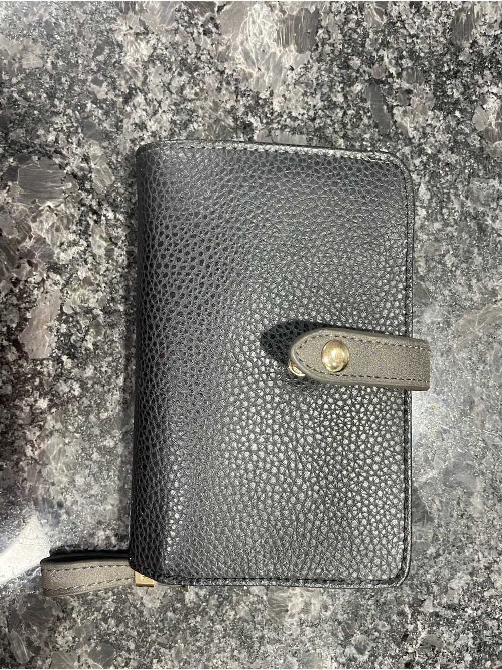 Black & Grey Pebbled Leather Snap Wallet for cards and zipper pocket